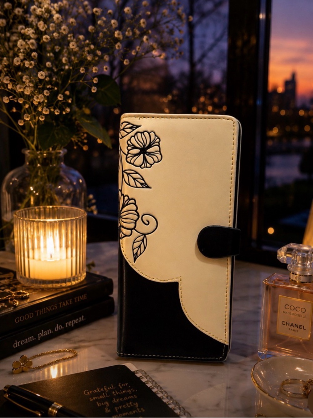 Cream and Black Floral Long Wallet - Women Bags Wallets